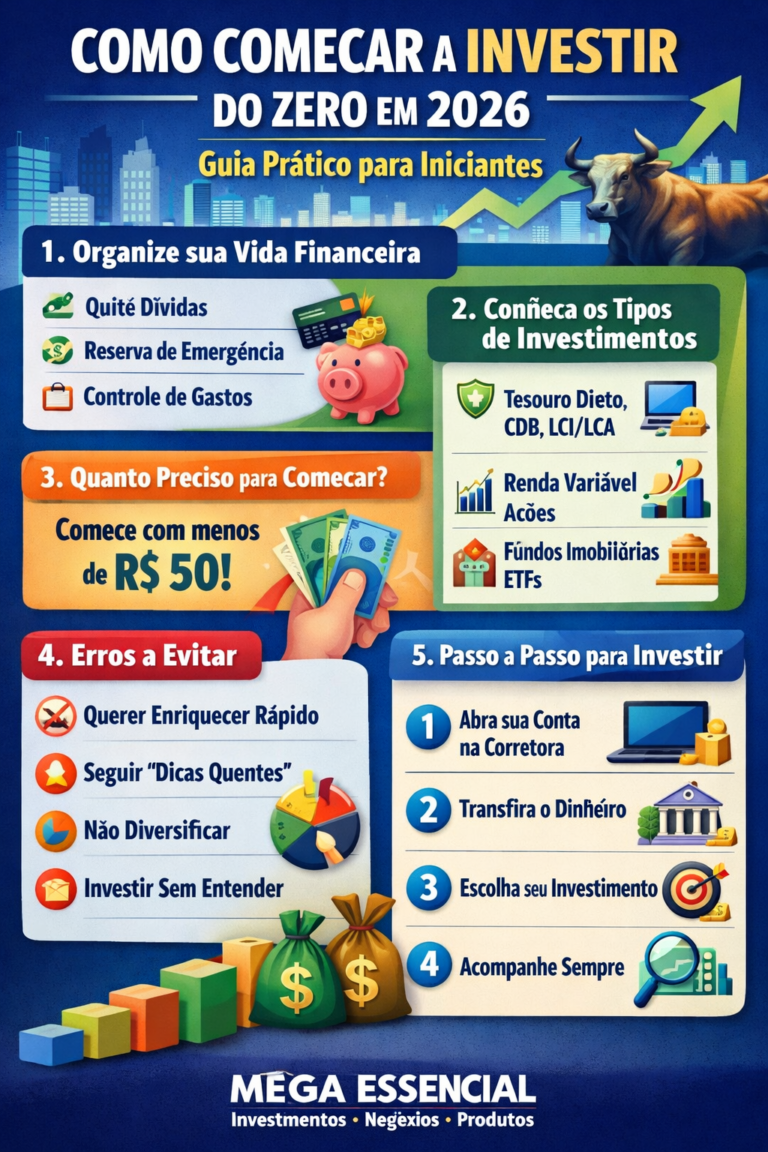 Como começar a investir do zero em 2026 - guia prático para iniciantes com renda fixa, ações, fundos imobiliários e passo a passo para investir