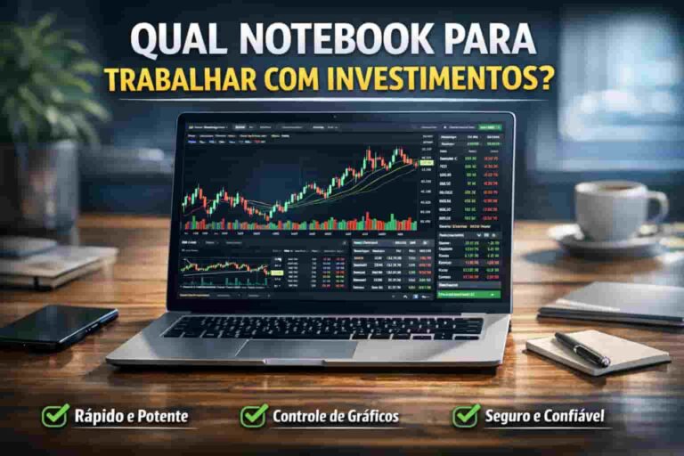 Notebook para trabalhar com investimentos exibindo gráficos financeiros e plataforma de mercado na tela