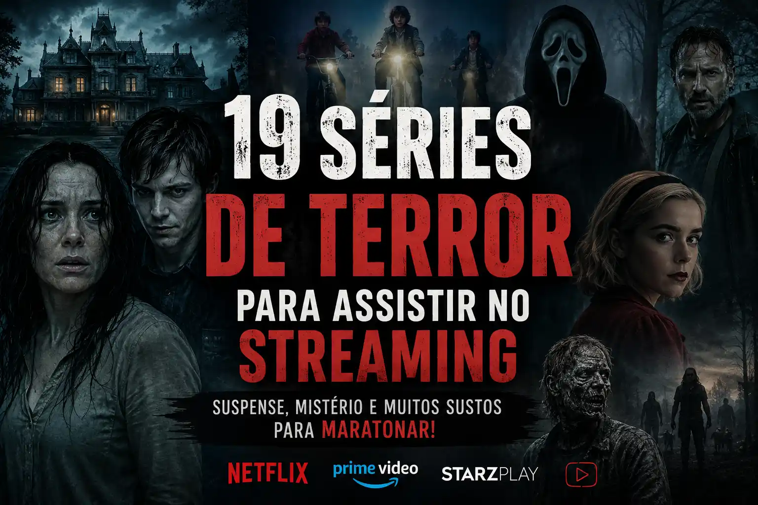 Personagens assustadores em montagem de séries de terror para assistir no streaming
