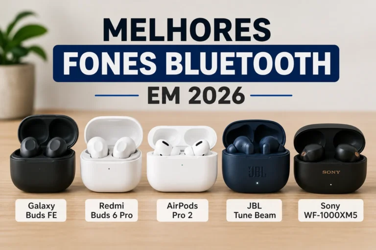Imagem com os melhores fones Bluetooth custo-benefício em 2026 incluindo Galaxy Buds FE, Redmi Buds 6 Pro, AirPods Pro 2, JBL Tune Beam e Sony WF-1000XM5.