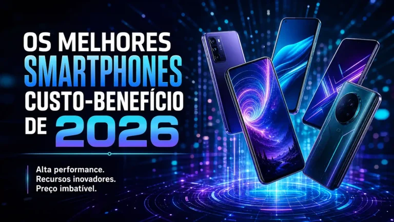 Infográfico de destaque mostrando smartphones futuristas de 2026 com o texto: Os Melhores Smartphones Custo-Benefício de 2026. Alta performance e preço imbatível.