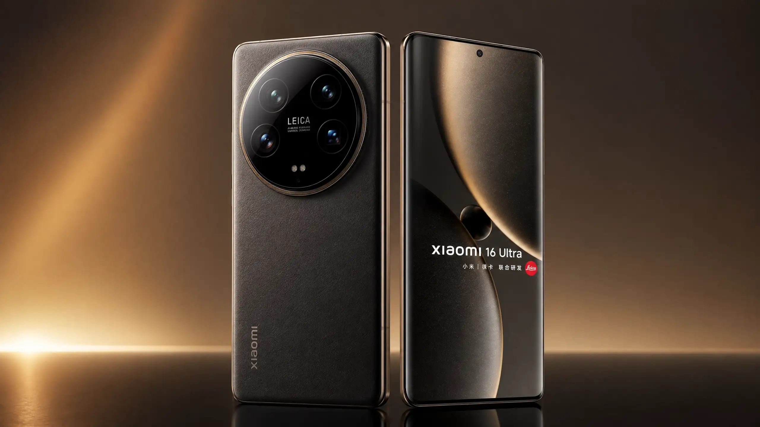 Xiaomi 16 Ultra em estúdio com foco no módulo de câmera Leica circular, acabamento em vidro premium e iluminação dourada cinematográfica.